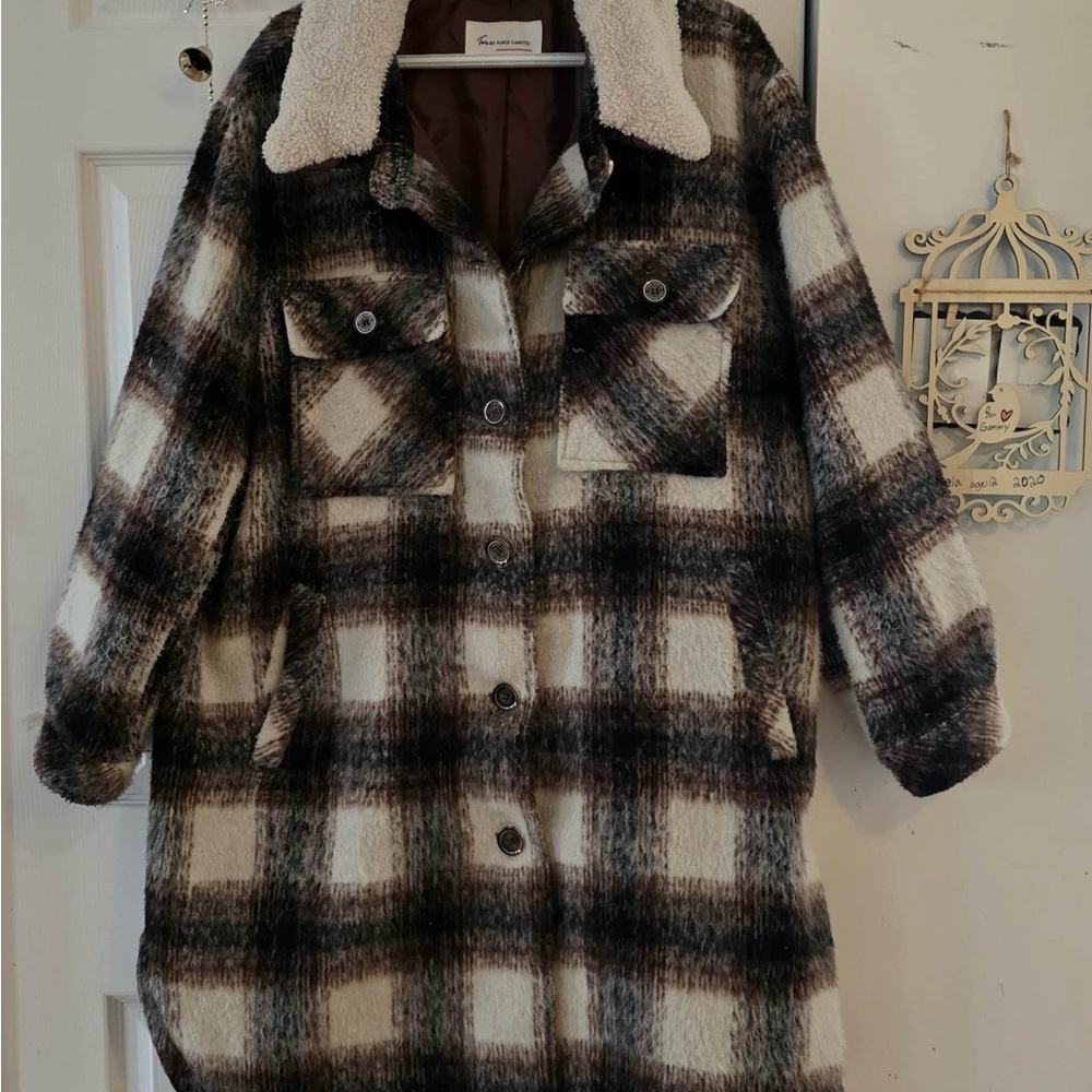 Vince Camuto Brown Plaid Teddy Jacket